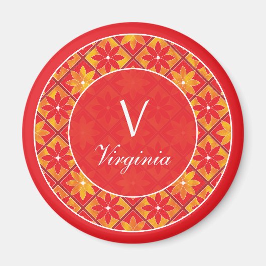 Rode Monogram Decoratieve Bloemen Tegels Magneet (Voorkant)