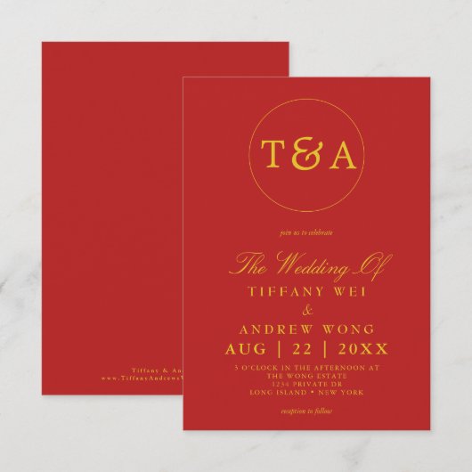 Rode Monogram Elegant Chinees bruiloft Kaart (Voorkant / Achterkant)