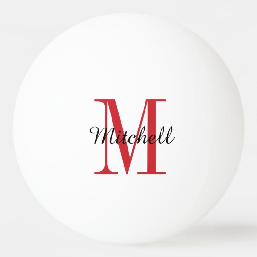 Rode monogram en naam op maat pingpongbal (Voorkant)