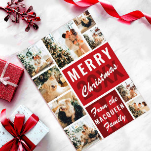 Rode monogram familie foto's met kerstmis kaart