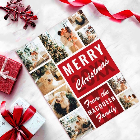 Rode monogram familie foto's met kerstmis kaart