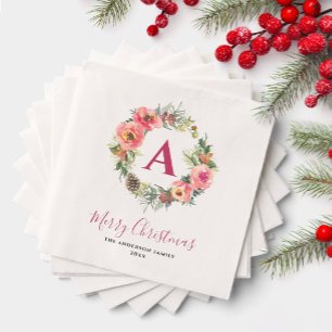 Rode Monogram Groene Roze Krans Kerstfeest Servet