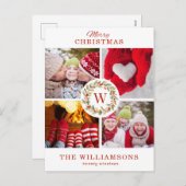 Rode Monogram Kerst Berry Krans | 4 Foto Feestdagenkaart (Voorkant / Achterkant)