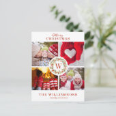 Rode Monogram Kerst Bes Krans  | 4 foto Feestdagenkaart (Staand voorkant)