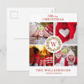 Rode Monogram Kerst Bes Krans  | 4 foto Feestdagenkaart (Voorkant / Achterkant)