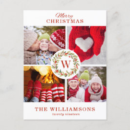 Rode Monogram Kerst Bes Wreath | 4 foto Feestdagenkaart