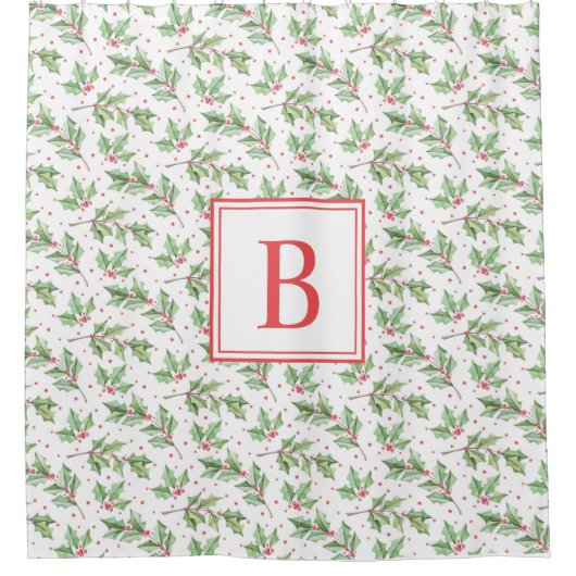 Rode monogram | KerstHolly Berries Show Douchegordijn (Voorkant)