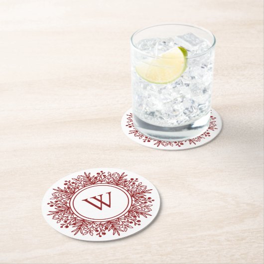 Rode Monogram Kerstmis Ronde Kartonnen Onderzetter (Insitu)