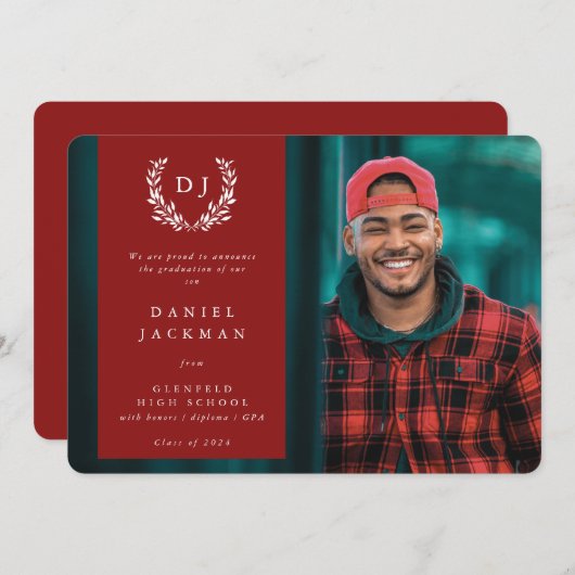 Rode Monogram Lauwerkrans Afstudeerfoto Aankondiging (Voorkant / Achterkant)