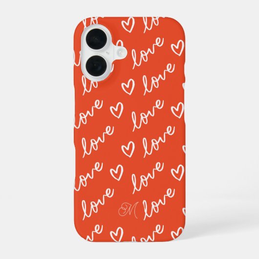 Rode Monogram Lieve Hartjes Patroon iPhone 16 Hoesje (Achterkant)