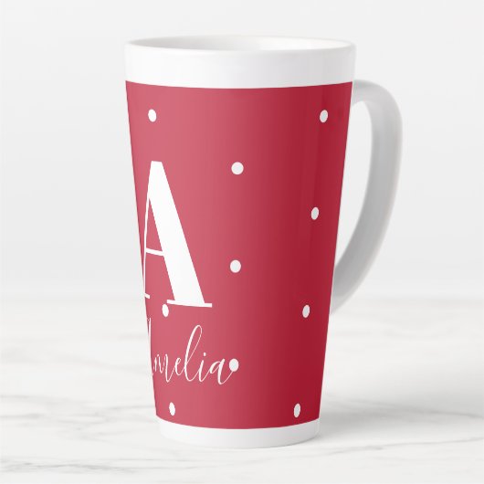 Rode monogram naam Polka Dots Pattern Latte Mok (Rechterhoek)