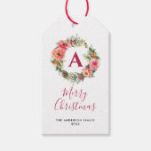 Rode Monogram Roze Krans Groene Kerst Cadeaulabel (Voorkant)