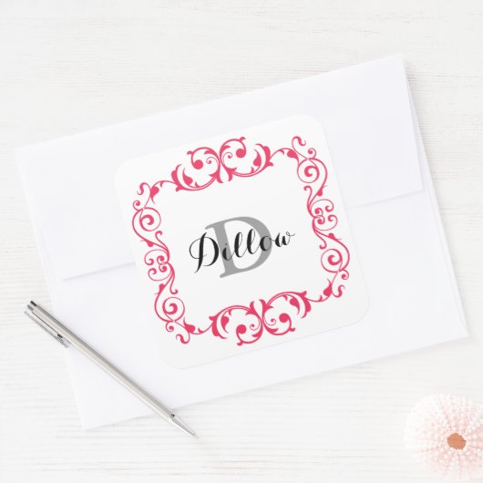 Rode monogram vierkante sticker (Envelop)