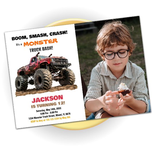 Rode Monster Truck Verjaardag Uitnodigingen foto