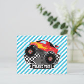 Rode monstervrachtwagen; geruite vlag; blauwe stre briefkaart (Staand voorkant)