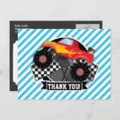 Rode monstervrachtwagen; geruite vlag; blauwe stre briefkaart (Voorkant / Achterkant)