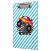 Rode monstervrachtwagen; geruite vlag; blauwe stre klembord (Links)