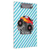 Rode monstervrachtwagen; geruite vlag; blauwe stre klembord (Rechts)