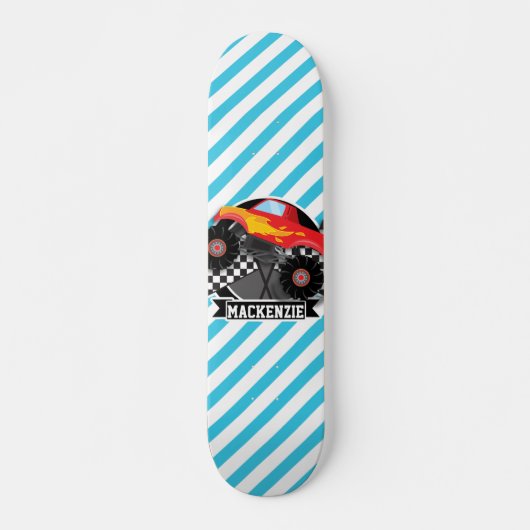 Rode monstervrachtwagen; geruite vlag; blauwe stre skateboard (Voorkant)