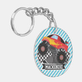 Rode monstervrachtwagen; geruite vlag; blauwe stre sleutelhanger (Voorkant Links)