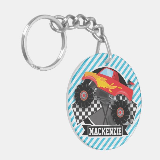 Rode monstervrachtwagen; geruite vlag; blauwe stre sleutelhanger (Voorkant Links)