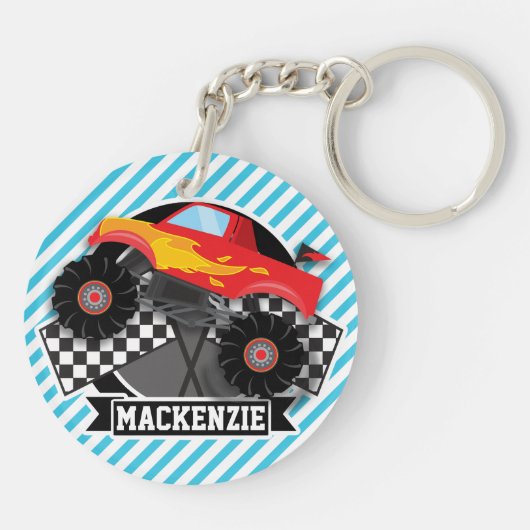 Rode monstervrachtwagen; geruite vlag; blauwe stre sleutelhanger (Achterkant)