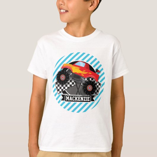 Rode monstervrachtwagen; geruite vlag; blauwe stre t-shirt (Voorkant)