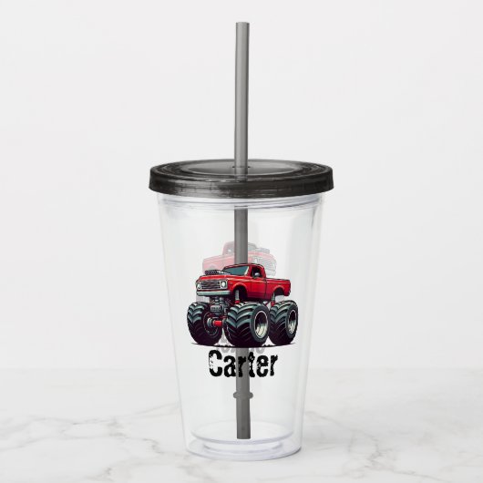 Rode monsterwagen acryl drinkbeker (Voorkant)