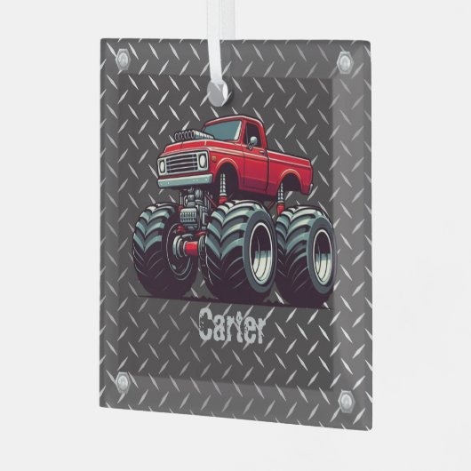 Rode monsterwagen glas ornament (Voorkant links)