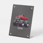 Rode monsterwagen reclamebord met voetstuk (Voorkant)