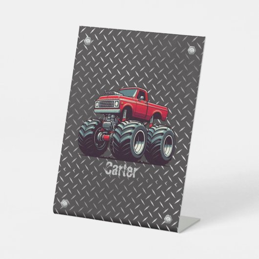 Rode monsterwagen reclamebord met voetstuk (Voorkant)