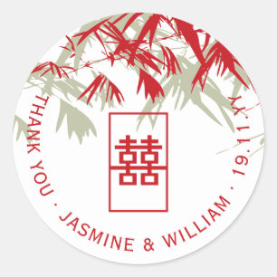 Rode & Mos Bamboe Bladeren Shuang Xi Chinese Trouw Ronde Sticker