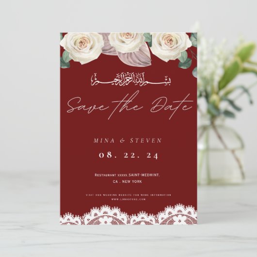 Rode moslim uitnodiging bloem kant opslaan de datu (Staand voorkant)