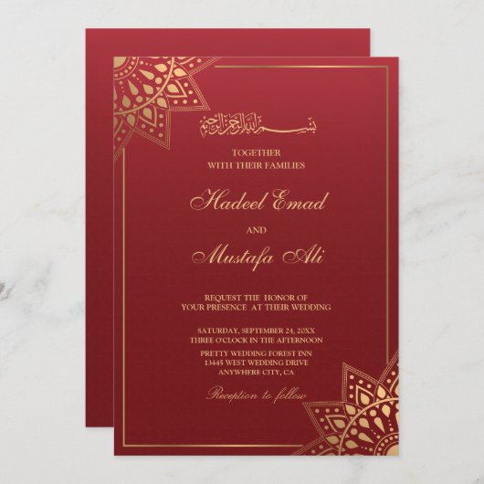 Rode moslimtrouwuitnodiging kaart (Voorkant / Achterkant)
