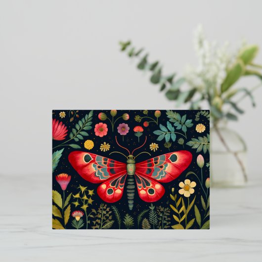 Rode mot in de nachttuin folie feestdagen briefkaart (Staand Voorkant)