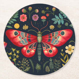 Rode mot in de nachttuin ronde kartonnen onderzetter