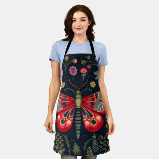 Rode mot in de nachttuin schort (Gedragen)