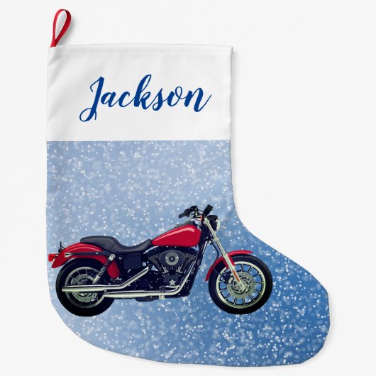 Rode motorfiets en sneeuw grote kerstsok (Voorkant)