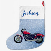 Rode motorfiets en sneeuw grote kerstsok (Achterkant)