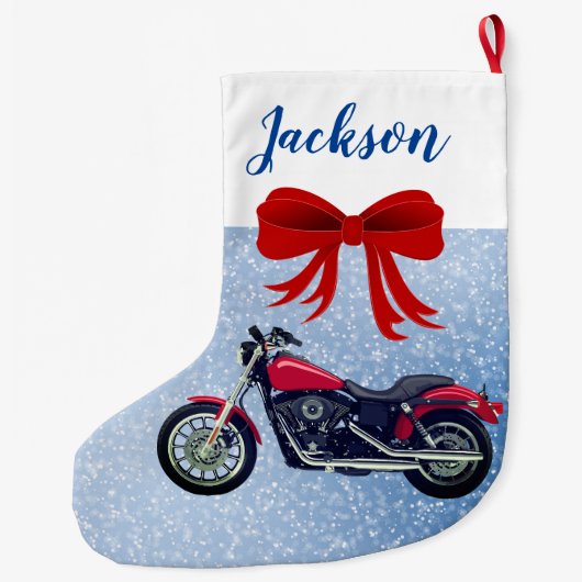 Rode motorfiets en sneeuw met grote kerststop grote kerstsok (Achterkant)