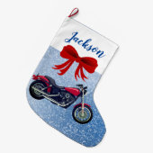 Rode motorfiets en sneeuw met grote kerststop kerstsok (Voorkant (Hangend))