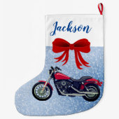 Rode motorfiets en sneeuw met grote kerststop kerstsok (Achterkant)