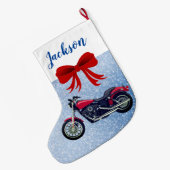 Rode motorfiets en sneeuw met grote kerststop kerstsok (Achterkant (Hangend))