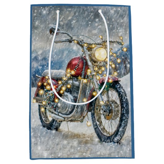Rode motorfiets met kerstverlichting medium cadeauzakje (Voorkant)