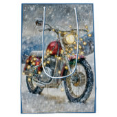 Rode motorfiets met kerstverlichting medium cadeauzakje (Achterkant)