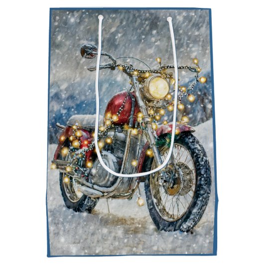 Rode motorfiets met kerstverlichting medium cadeauzakje (Achterkant)
