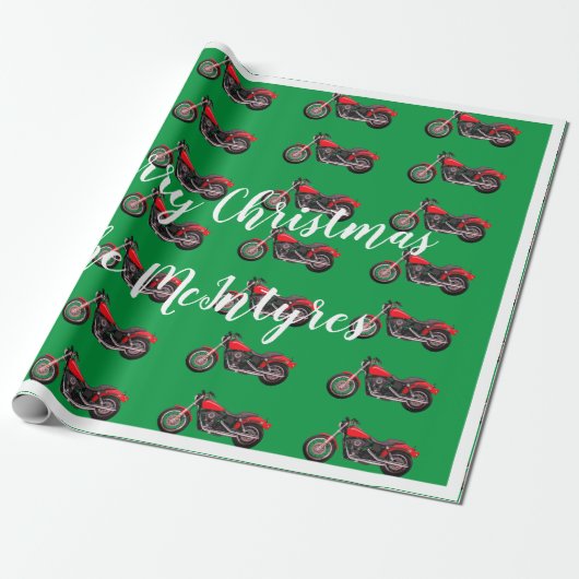 Rode motorfietsen op groene kerst cadeaupapier (Uitgerold)