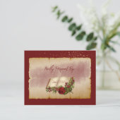 Rode mousserende Rozen op goudkleurige bijbelpagin Briefkaart (Staand voorkant)