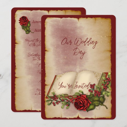 Rode mousserende Rozen op goudkleurige bijbelpagin Kaart (Voorkant / Achterkant)