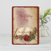 Rode mousserende Rozen op goudkleurige bijbelpagin Kaart (Staand voorkant)